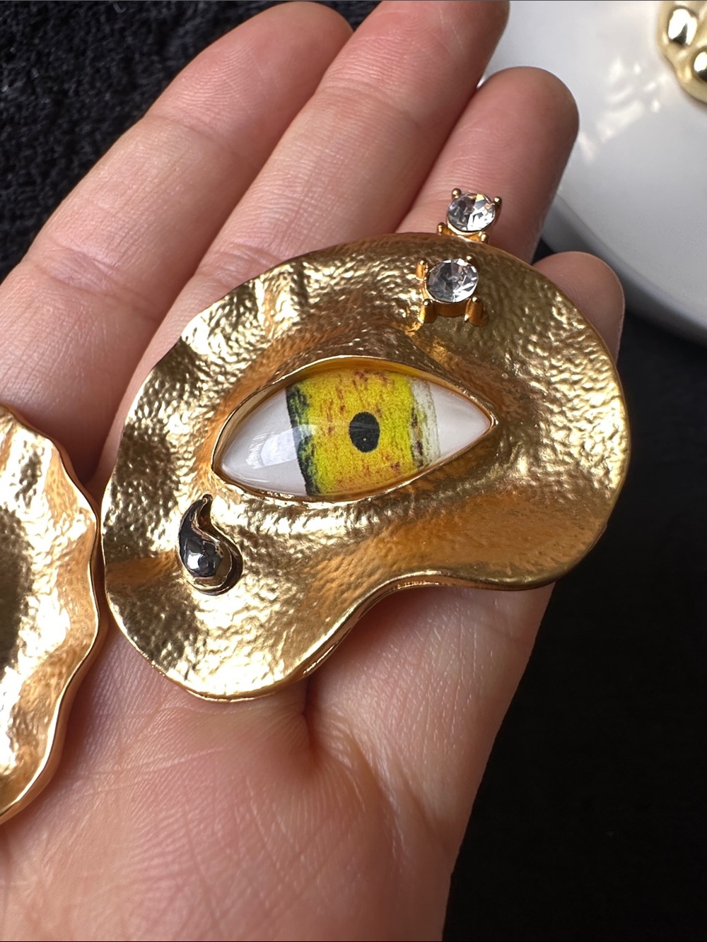 Gold Textured Eye Drop Earrings with Yellow Accent - Picture 5 of 7
